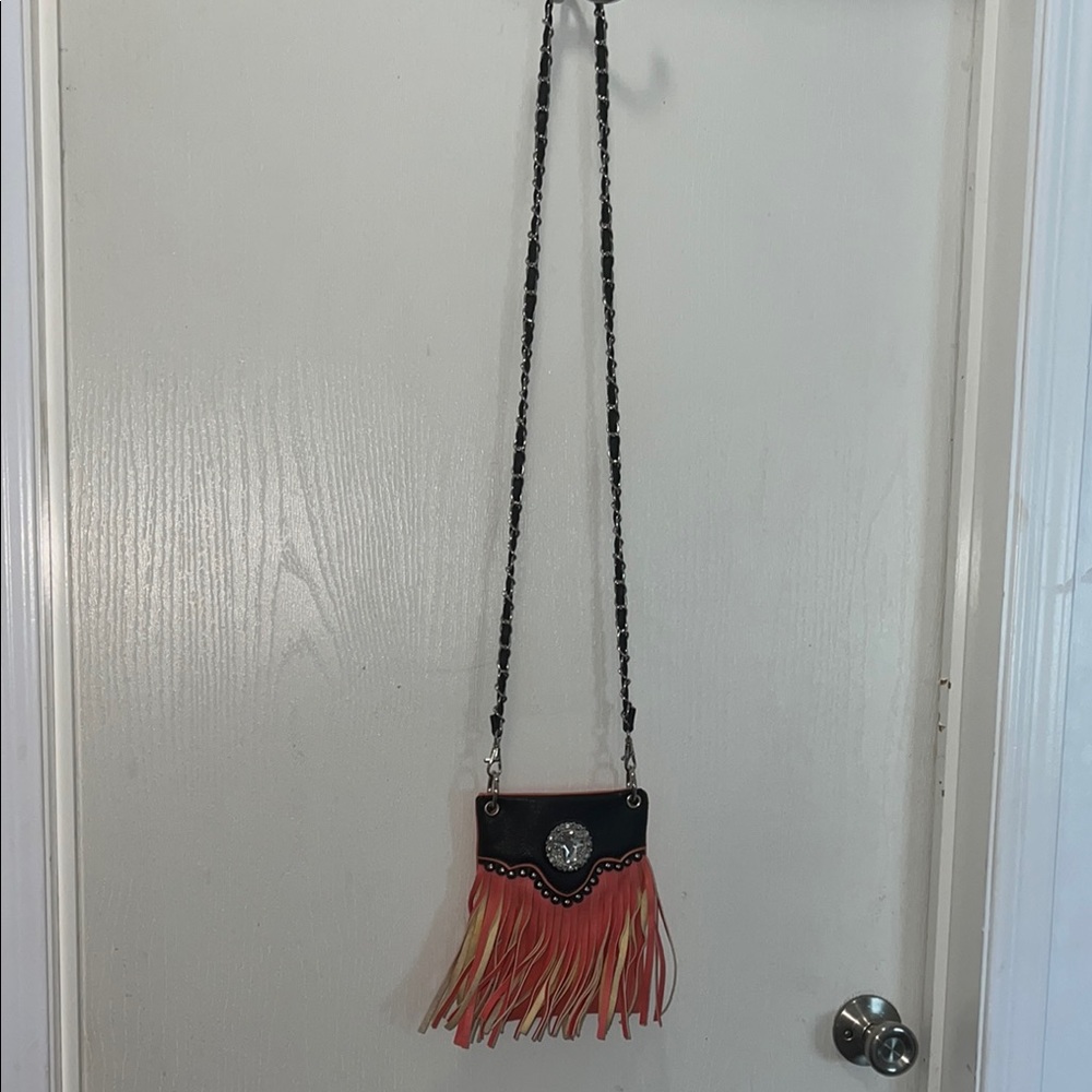 Fringe Crossbody Bag in Black and coral..